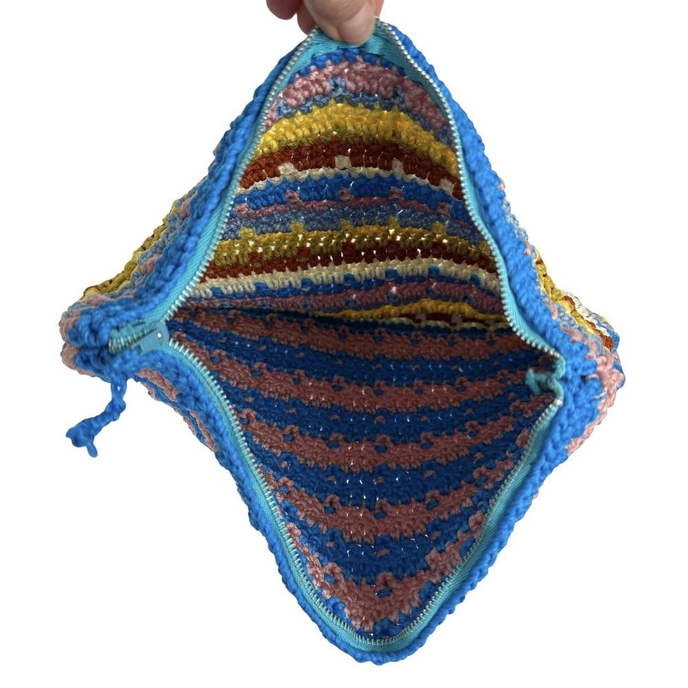 Vintage 70s Stripe Crochet‎ Clutch Purse Makeup Bag Handmade Multicolor Retro - Picture 5 of 8